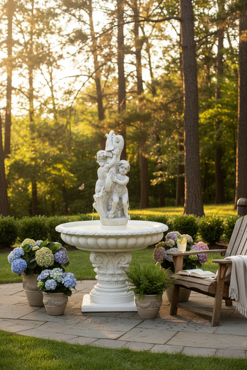 Fontanna amorki z rybą