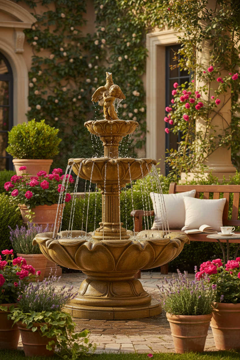 Fontanna Kwiat Lotosu chłopiec z ptakiem z ringiem